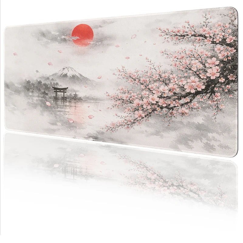 tapis souris gris rose paysage japonais mont Fuji cerisiers fleurs ciel nuageux adhésif 900x400mm