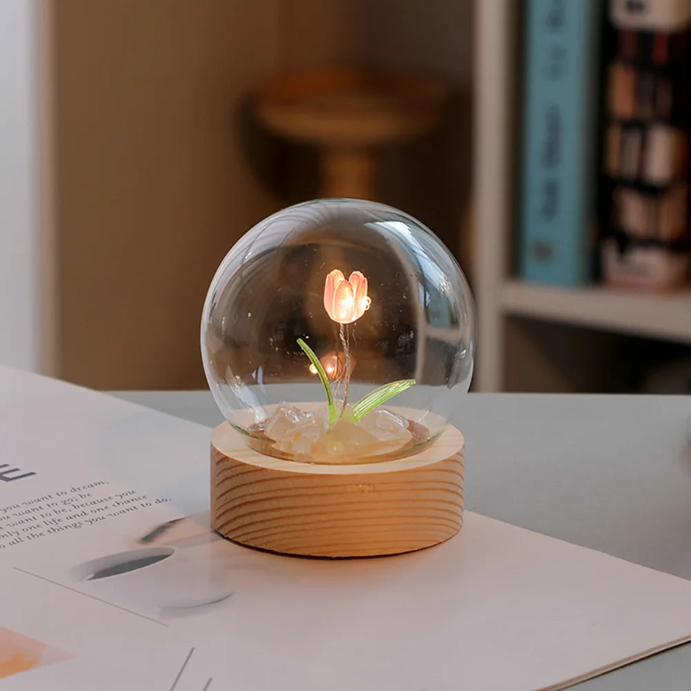 lampe décorative tulipe fleurs feuilles verre transparent base bois moderne minimaliste led ambiance chambre