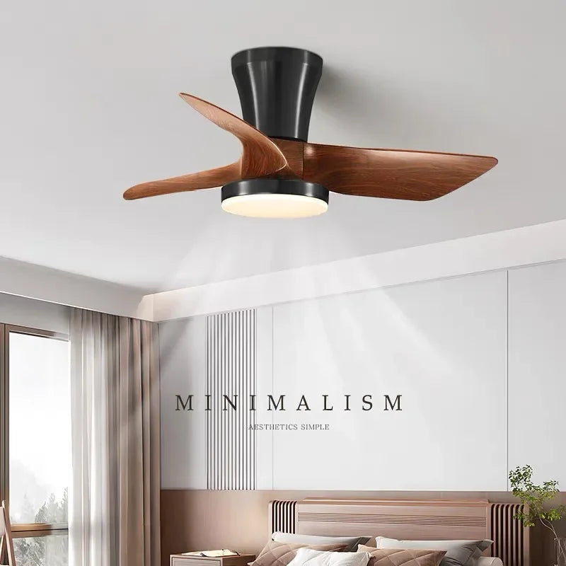 ventilateur moderne led télécommande lumière marron bois pales argentées minimaliste