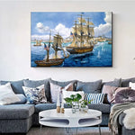peinture murale marine voiliers océan bleu blanc paysage salon huile toile horizontalDecorationArtiste