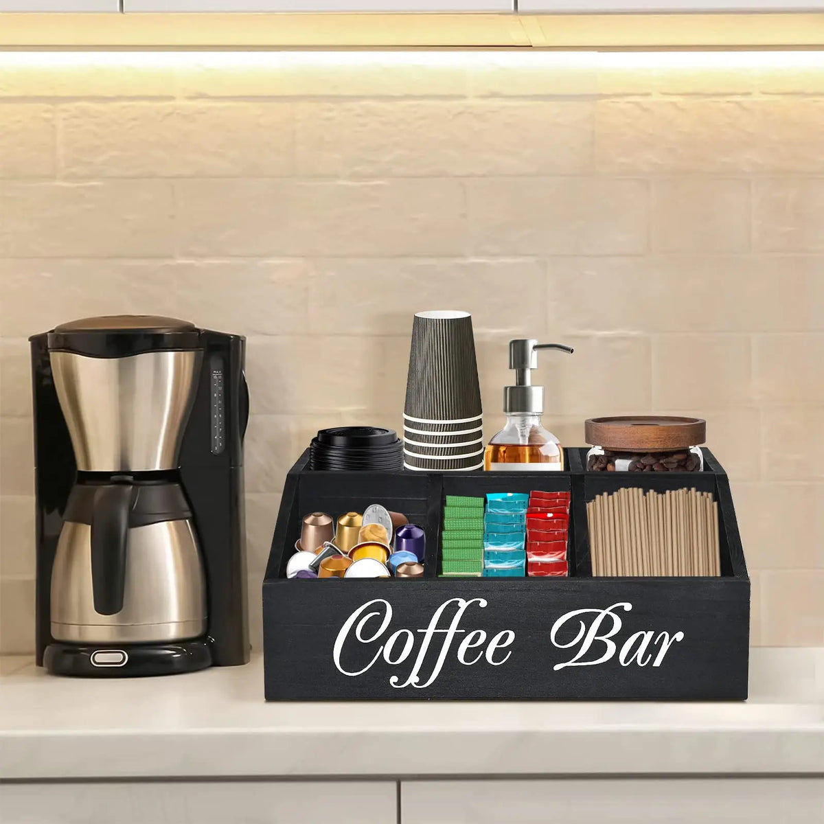 rangement rustique noir capsules sucre tasses jetables pailles bois organizer accessoires cuisine