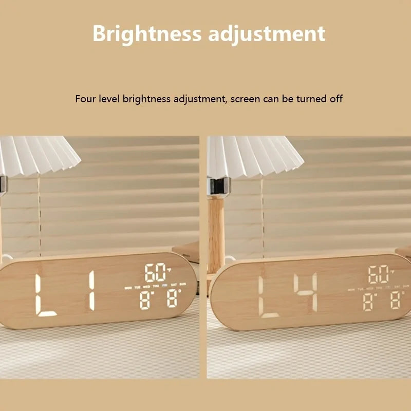 horloge numérique moderne bois naturel affiche heure date température humidité salon minimaliste
