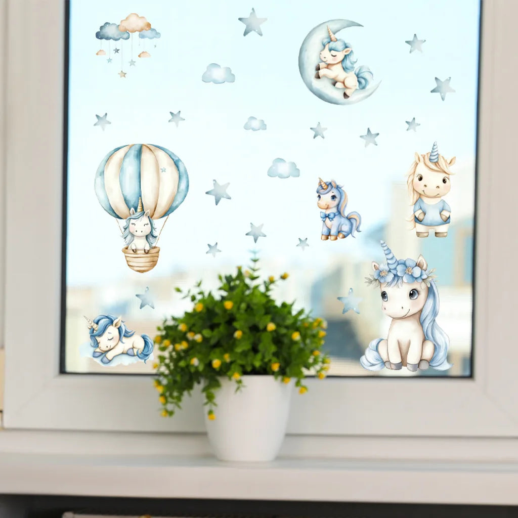 sticker mural licorne dessin animé nuages étoiles enfant chambre décoration mur bleu blanc PVC