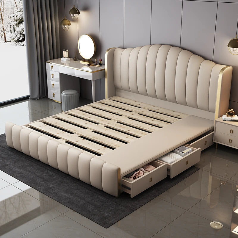 lit double moderne beige cuir texture lignes verticales tiroirs latéraux chambre bois épuré