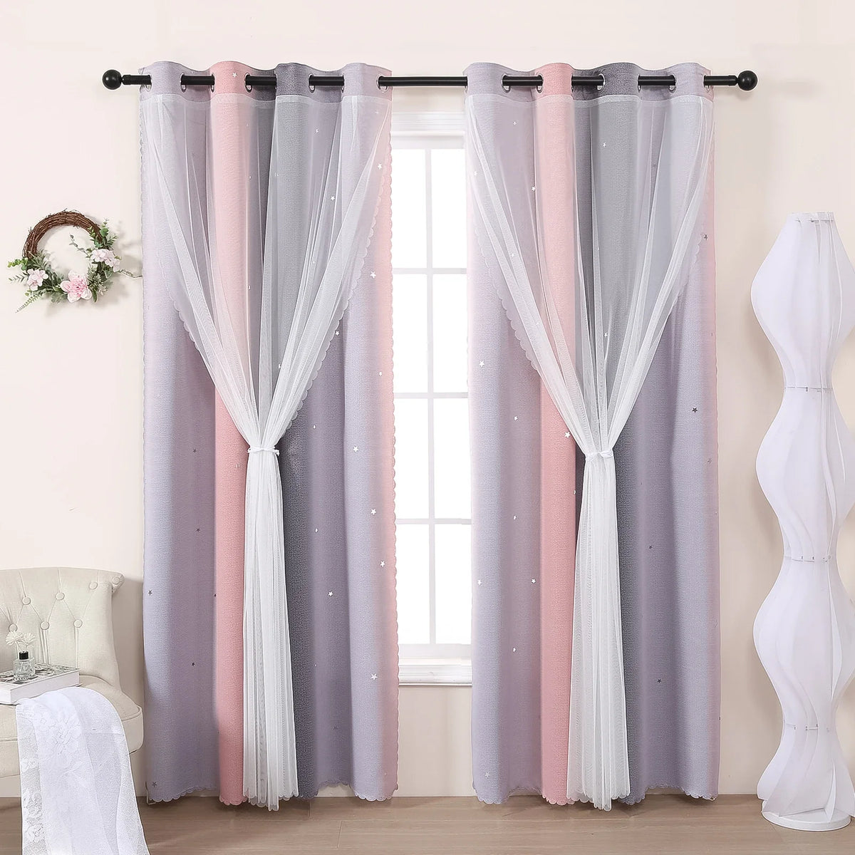 rideau perforé dégradé étoiles blanches moderne rose clair gris translucide chambre enfant