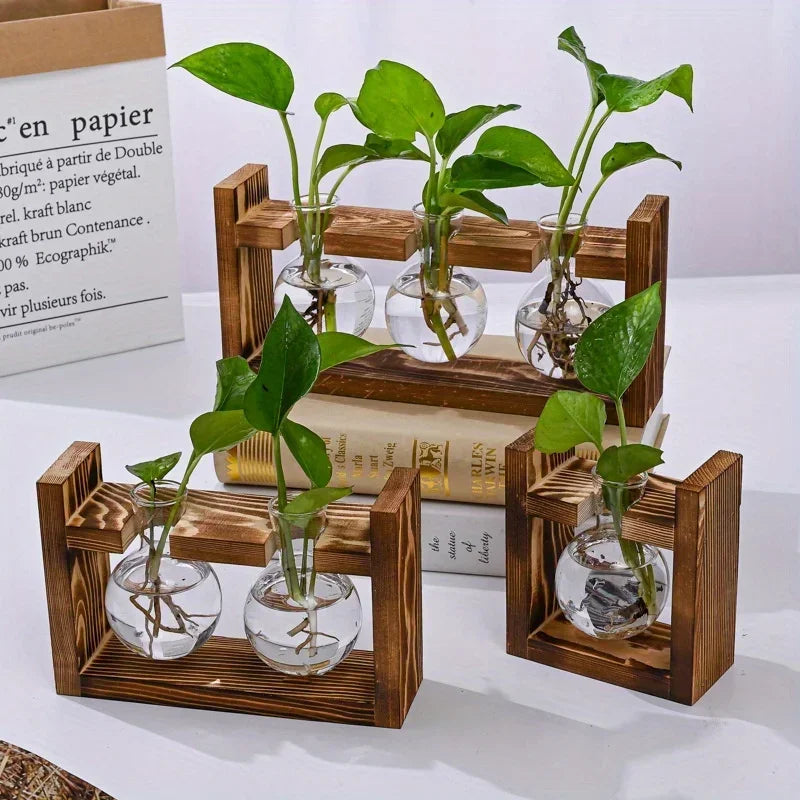 support plante verre moderne bois marron clair vase table decoration maison transparent naturel