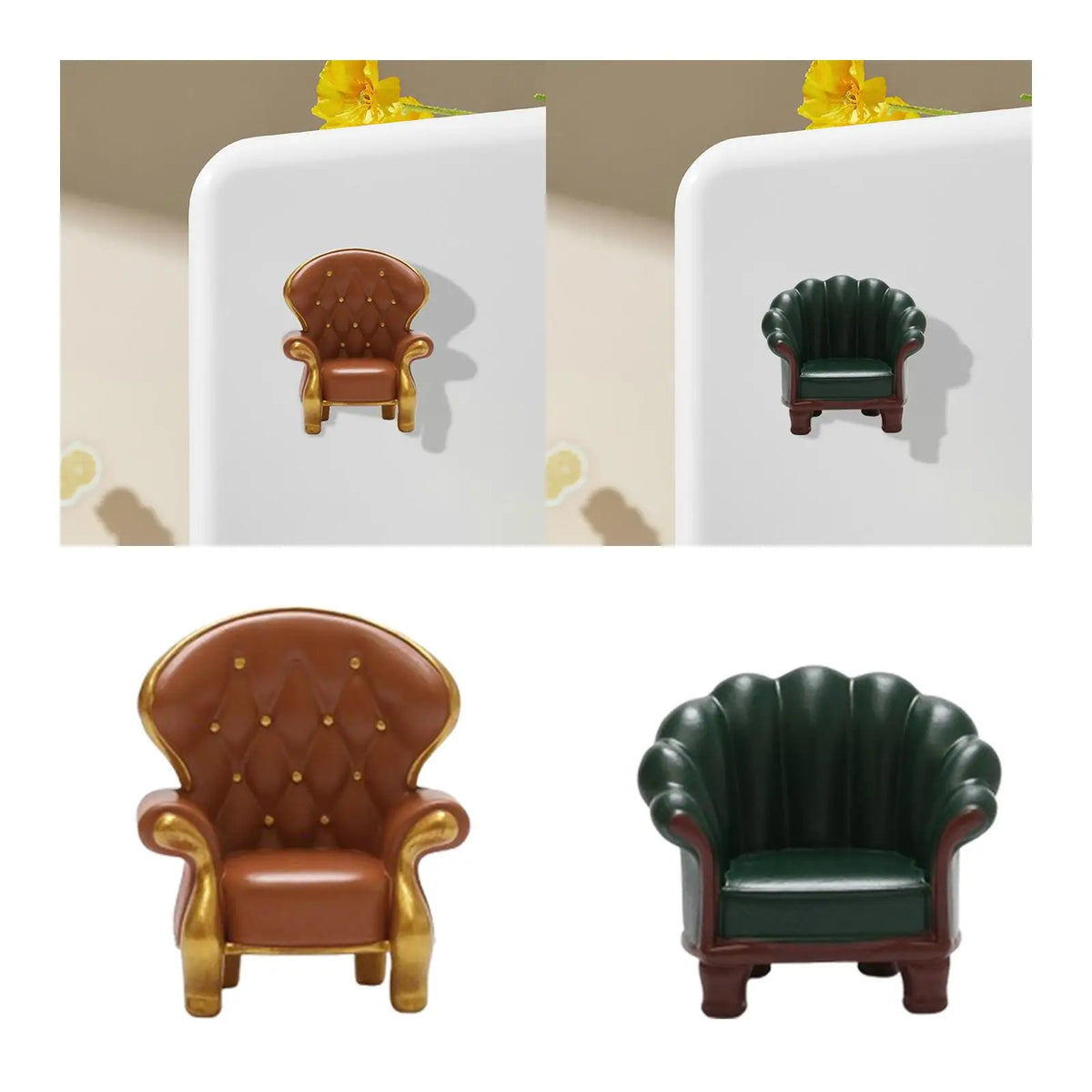 fauteuil miniature vert marron simili cuir boutons dorés adhésif décoration intérieure classique sticker aimant