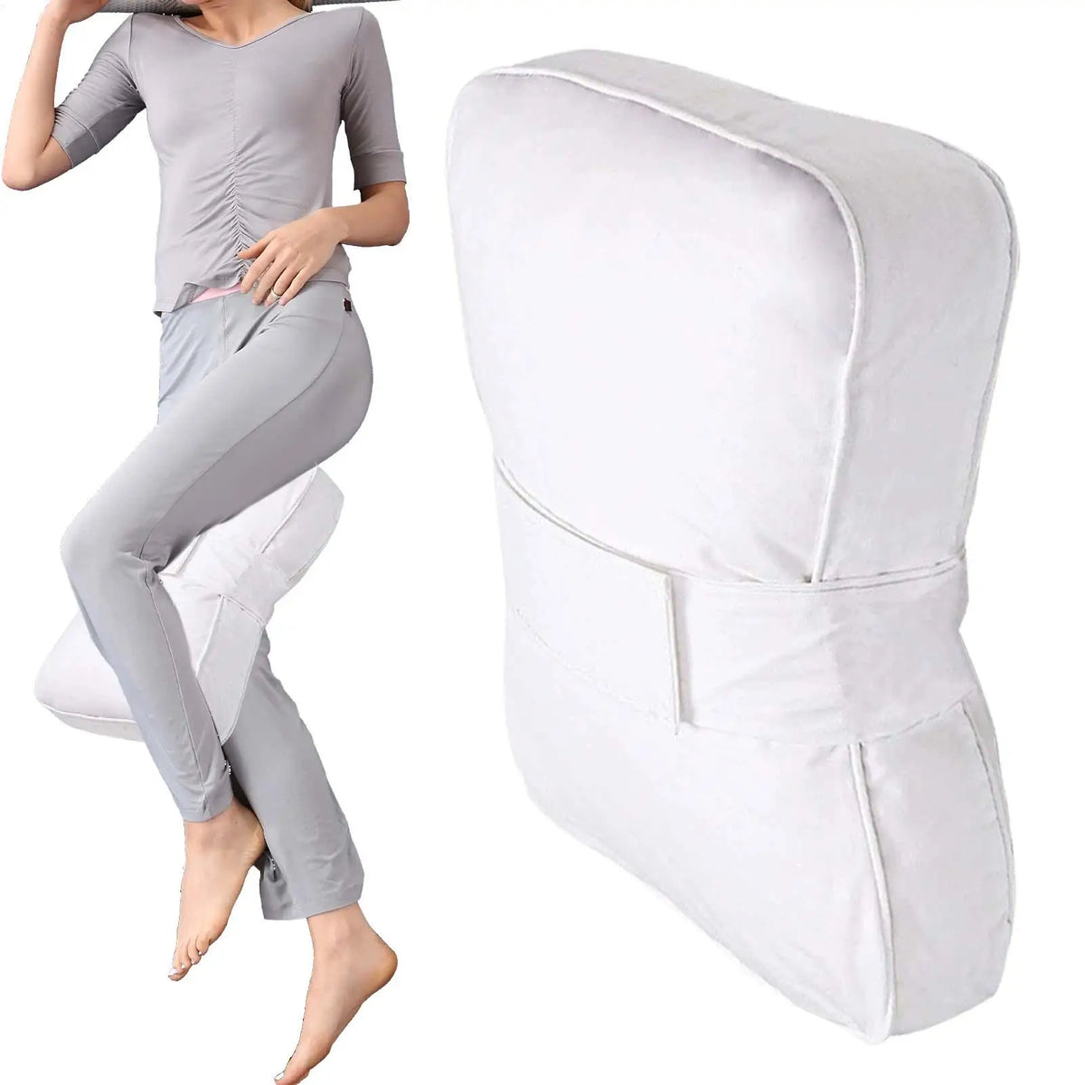 coussin ergonomique genoux blanc gris sangles velcro literie confort dormir assis