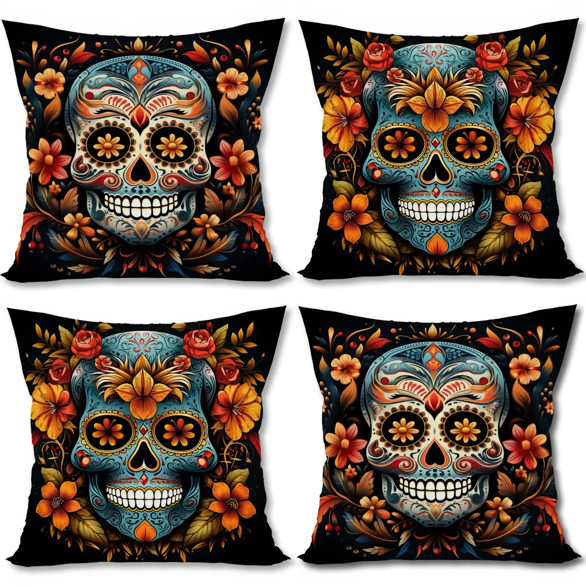 ensemble quatre taies d'oreiller décoratives crâne mexicain fleurs violet jaune folklorique maison