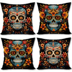 ensemble quatre taies d'oreiller décoratives crâne mexicain fleurs violet jaune folklorique maison