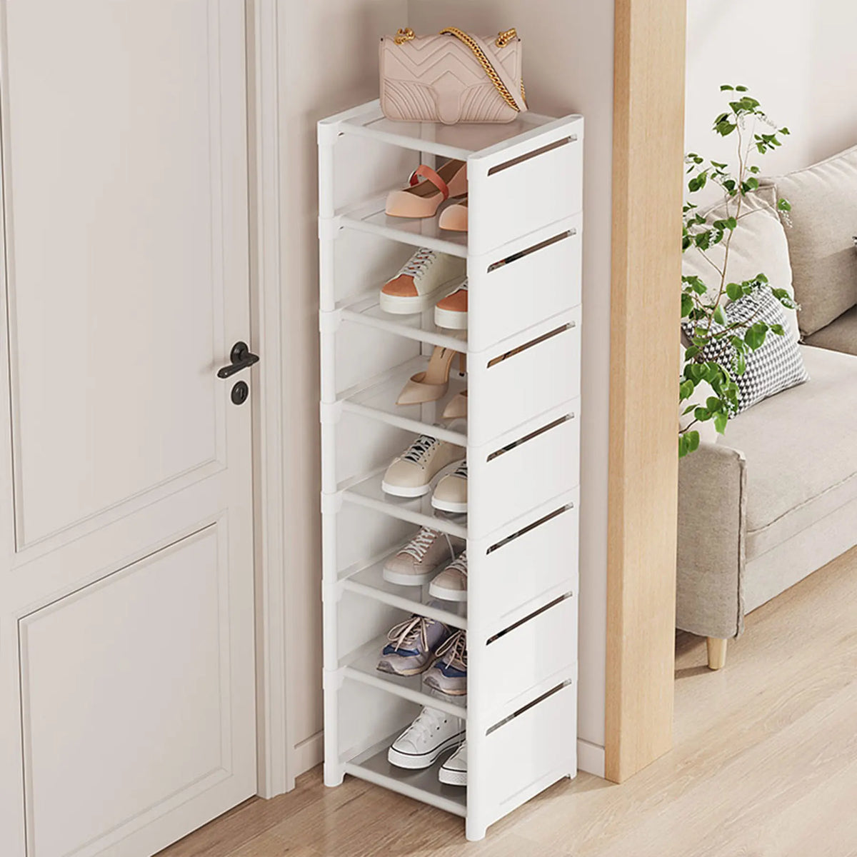 organisateur étagère chaussures blanc moderne sans fixation multi niveaux entrée maison chambre dormir rangement