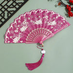 éventail pliant traditionnel violet blanc fleurs brodées clips métalliques pompon élégant décoration danse hand