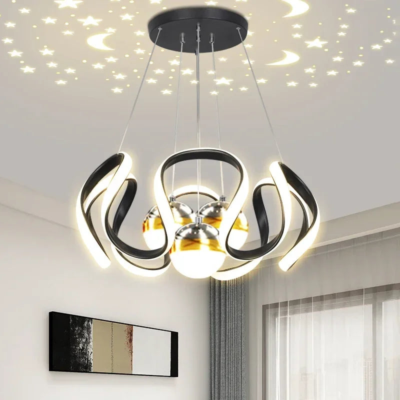 suspension lumineuse moderne noir doré boules lumière câbles suspendus forme circulaire ondulée