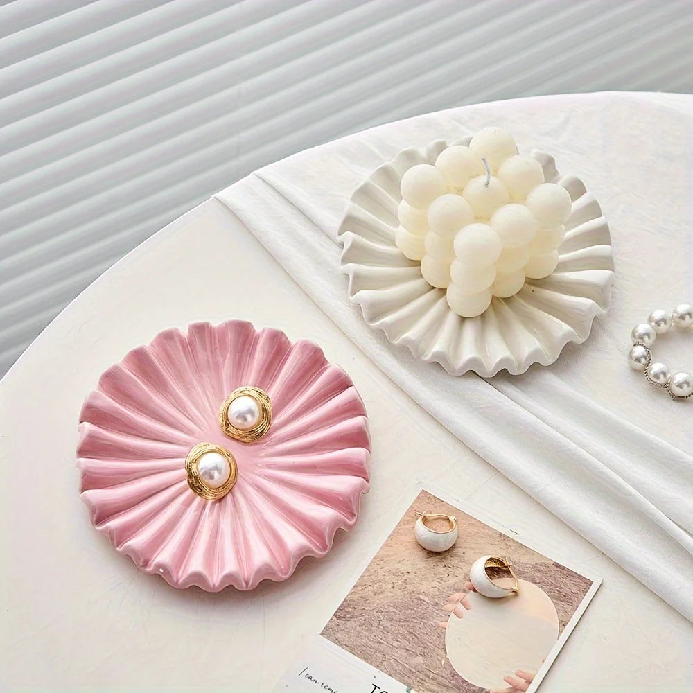 bol bijoux moderne céramique festonné rose blanc bohème chic assiette décorative texturée pearl minimaliste