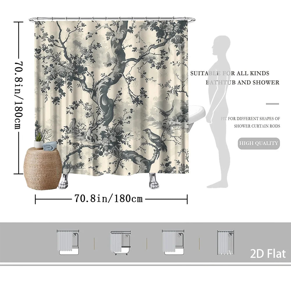 rideau douche polyester arbre oiseaux classique naturel gris beige moderneôtelte