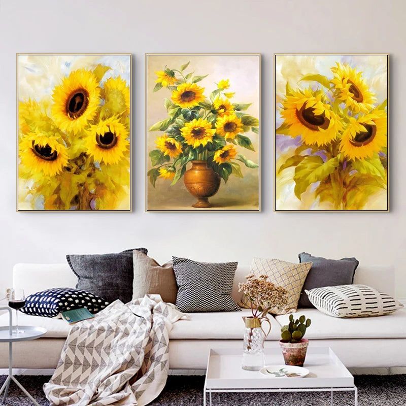toile peinte tournesol huile fleurs jaune vert salon decoration art moderne chambre