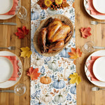 nappe automnale citrouilles feuilles mortes rustique motif peint main blanc orange bleu marron festive