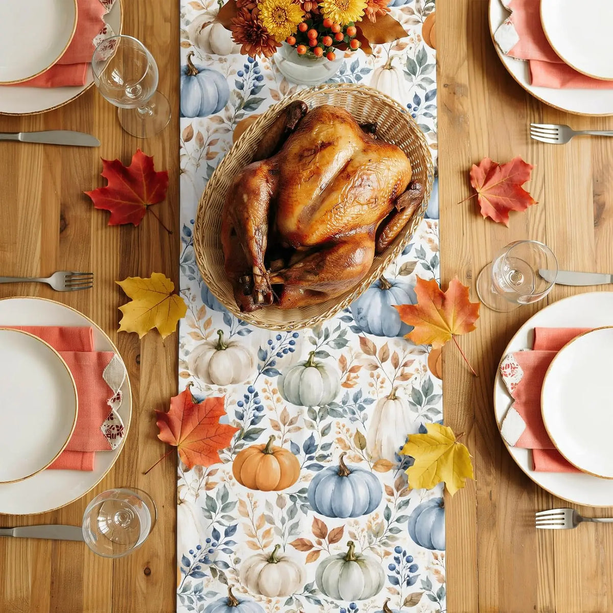 nappe automnale citrouilles feuilles mortes rustique motif peint main blanc orange bleu marron festive