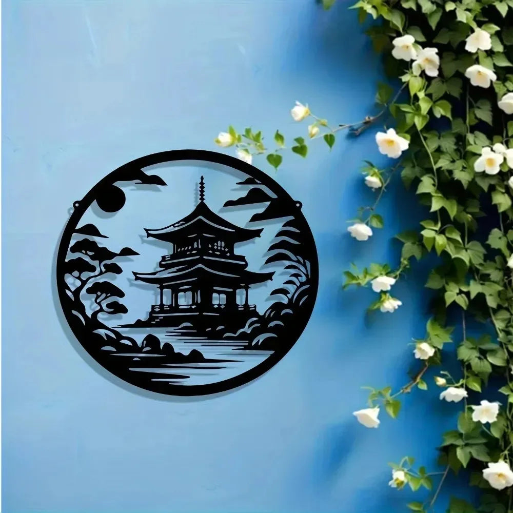 décoration murale paysage japonais pagode montagne nuit métal noir artisanal minimalisteintérieur chambre salon