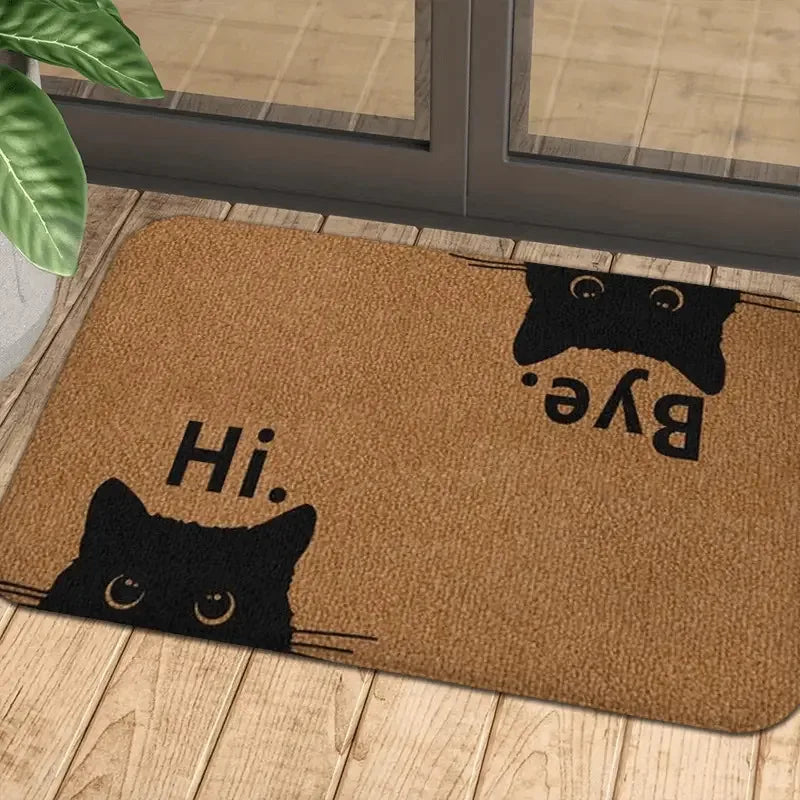 tapis d'entrée moderne marron clair chat noir texte Hi Bye antidérapant polyester machine washable