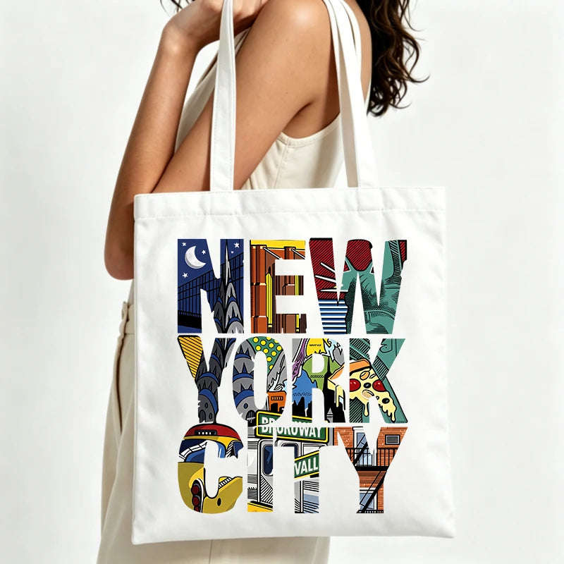 sac main toile blanc york city cartoonesque moderne sans fermeture éclair poignées