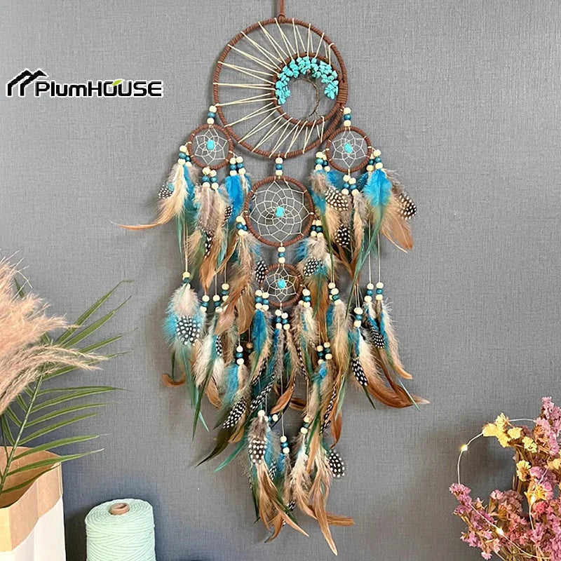 attrape rêves ethnique attrape rêves boho chic plumes fil raphia marron bleu blanc