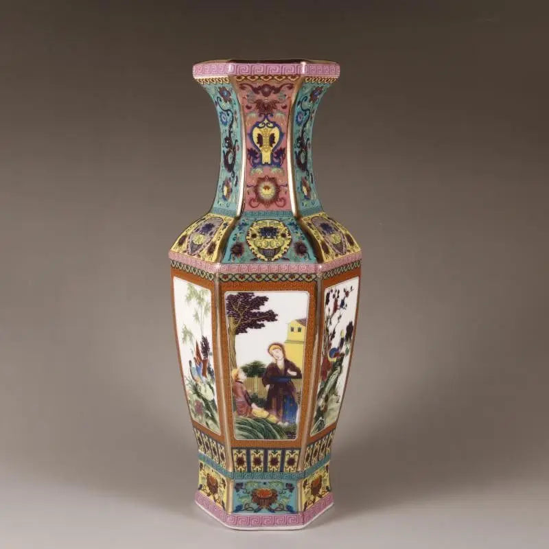 vase hexagonal ornements floraux oiseaux motifs géométriques rouge jaune bleu art traditionnel