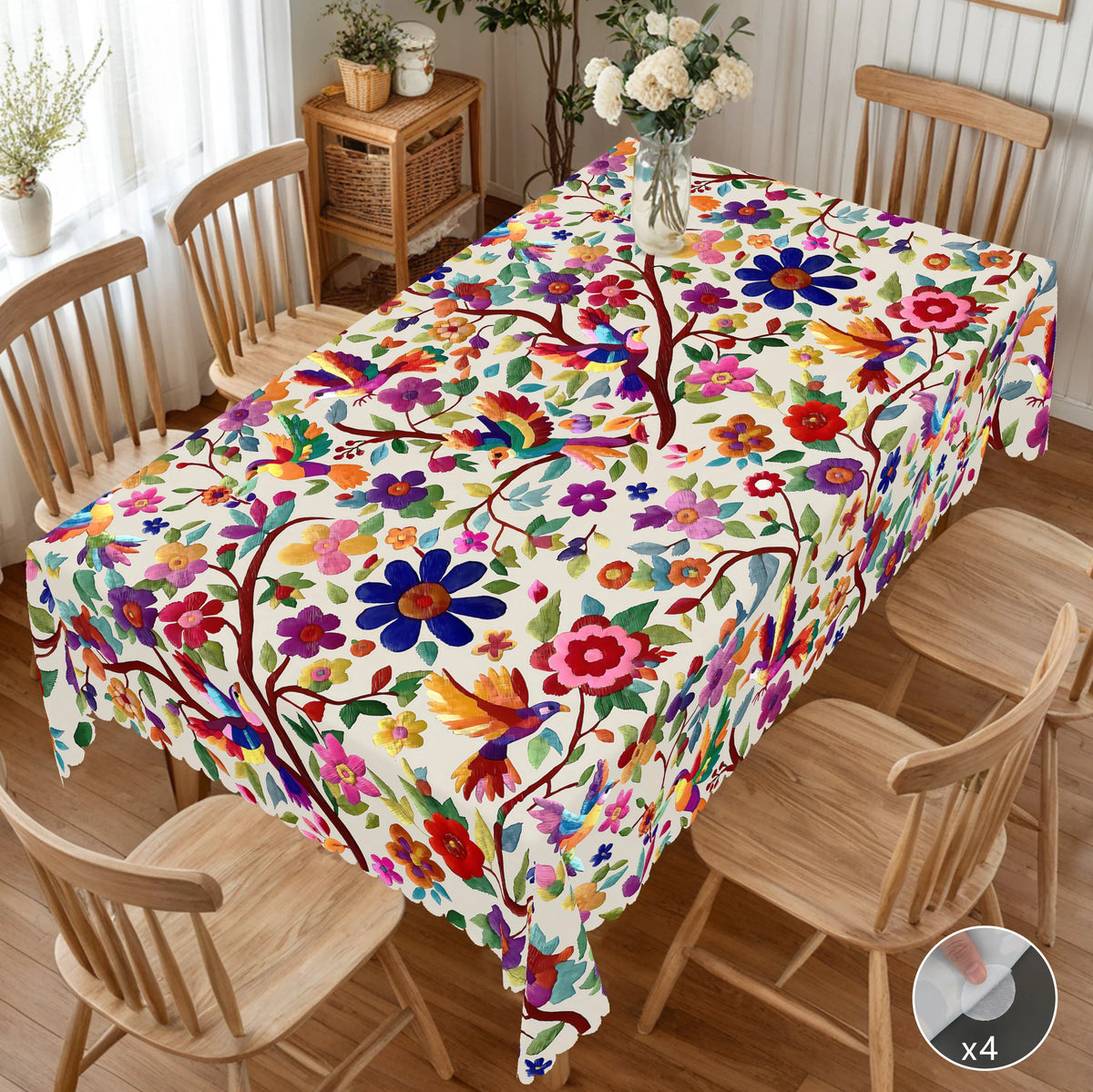 nappe multicolore ethnique fleurs oiseaux bordure dentelée imperméable extérieur mariage fête 152x220cm