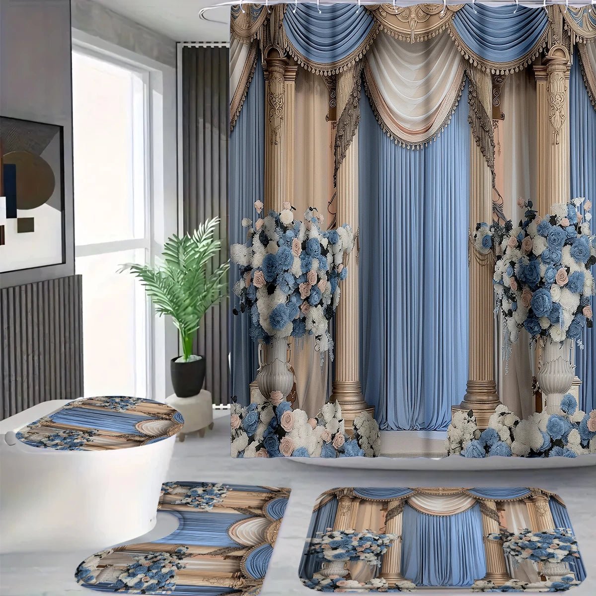 rideau douche bleu motif colonnes tapis sol toilette élégants ensemble salle bain baroques hooks