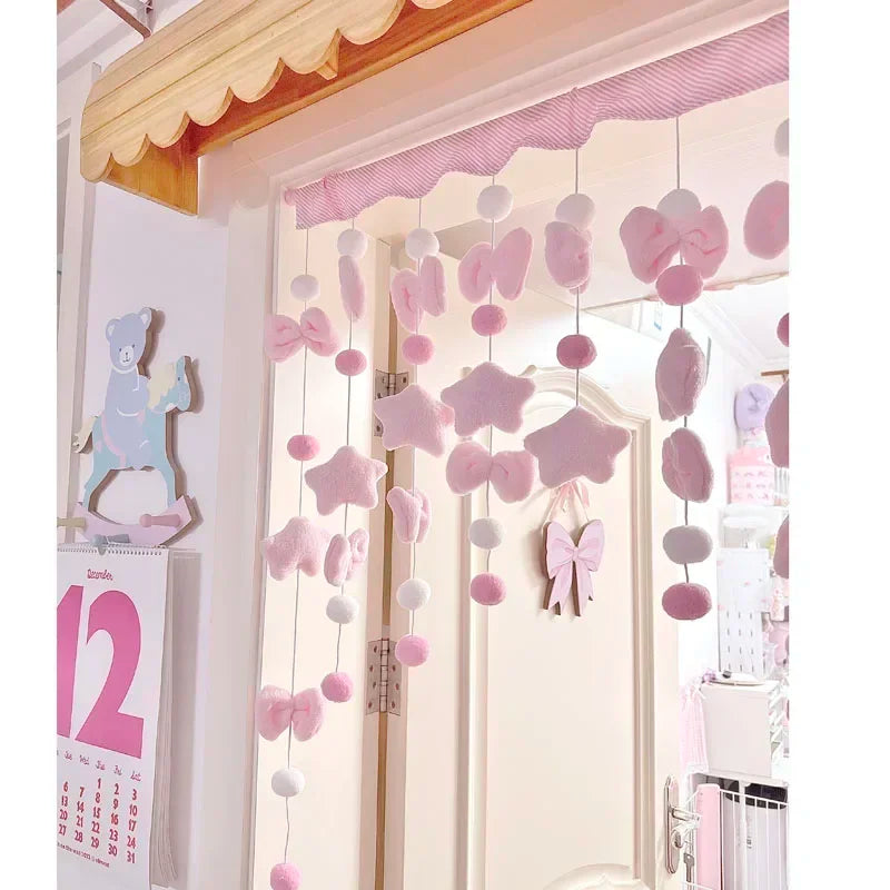 rideau décoratif rose semi transparent papillons étoiles pompons velours polyester doux