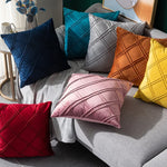 housse coussin carré 45x45cm polyester motif géométrique bleu marine gris rose moderne amovible lavable