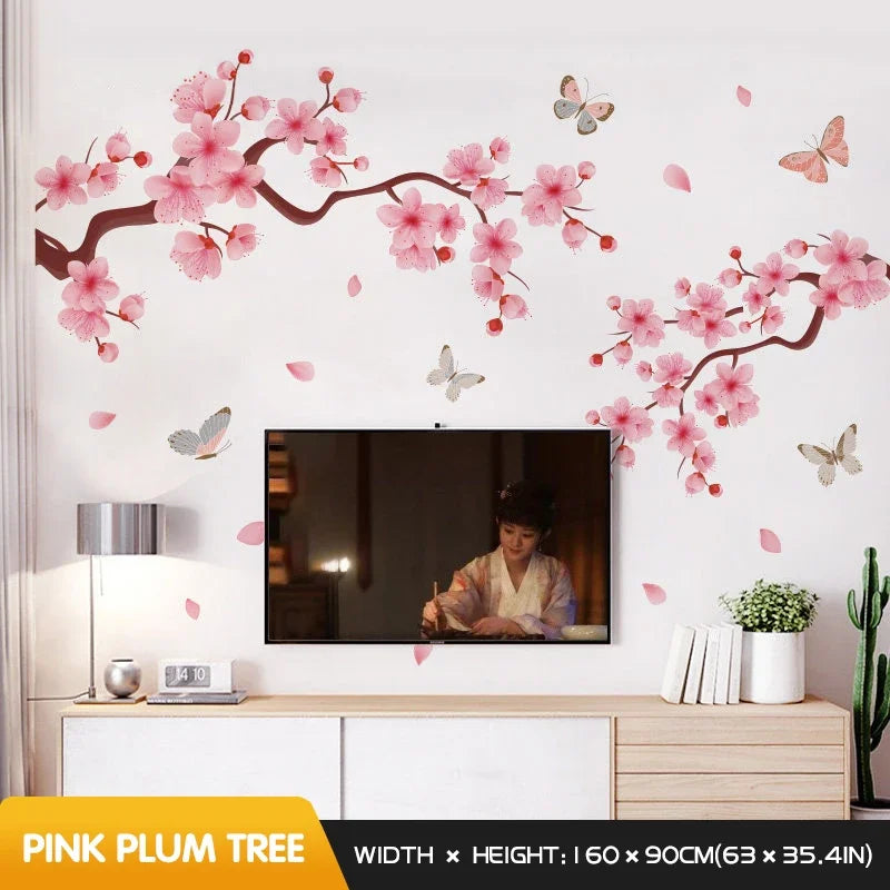 sticker mural fleurs cerisier papillons rose brun blanc adhésif moderne naturel decoration mur chambre
