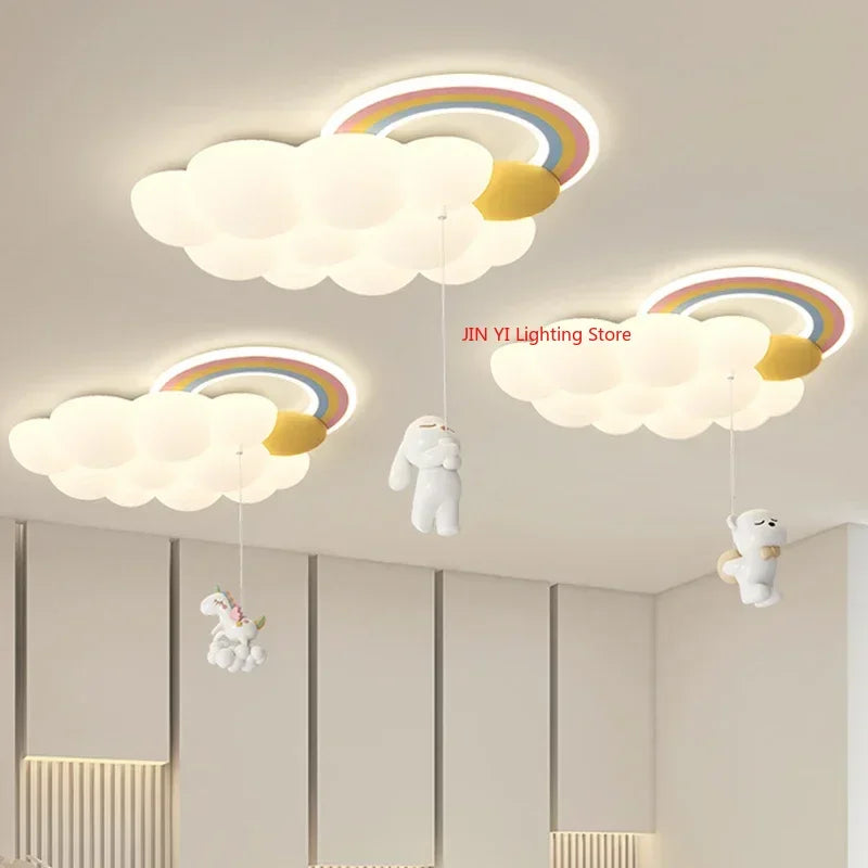 lampe suspendue moderne enfantine nuage arc ciel blanc jaune licorne cordon fixe chambre enfants