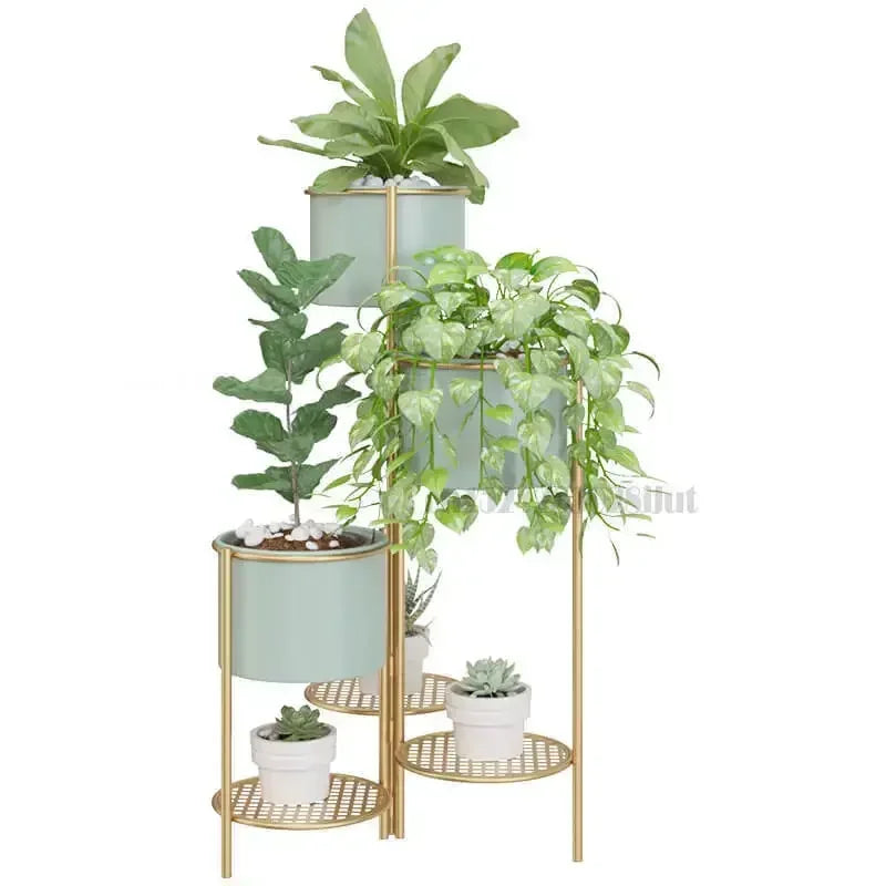 étagère plantes moderne or fer niveaux pots différents ajourées minimaliste