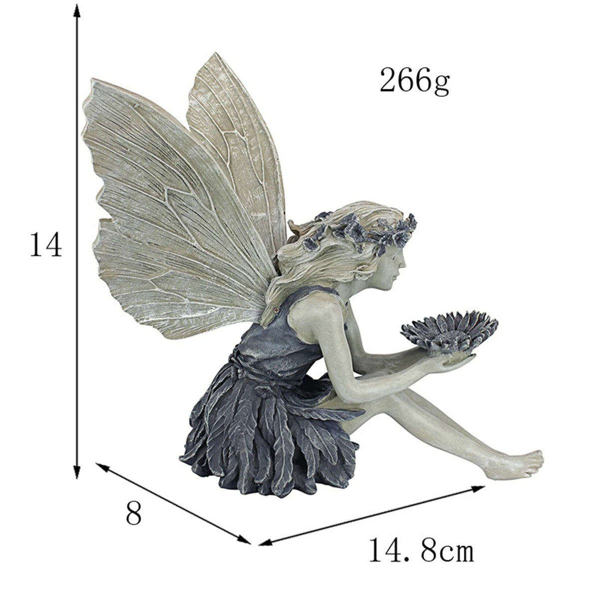 statue fée jardin extérieur résine gris blanc vert fleurs details ailes plante bol aquatiqueintérieurextérieurdécoration