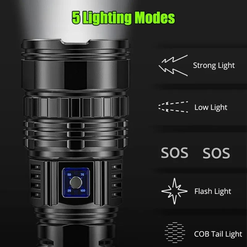 torche ultra lumineuse led rechargeable 15000mah pointeur laser autodéfense résistante chocs