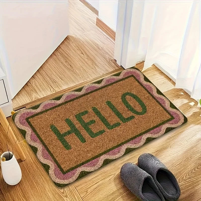 tapis d'entrée marron clair vert rose pâle lettre HELLO bordure classique imperméable antidérapant machine