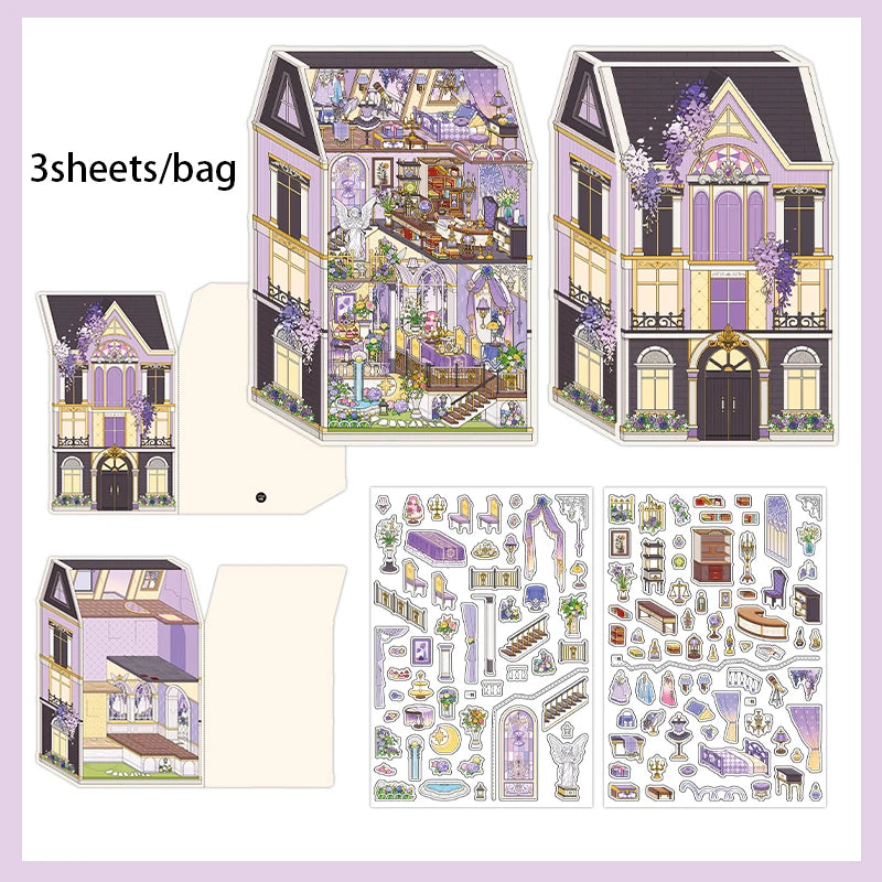 puzzle 3d intérieurs extérieurs bâtiments bleu marron beige violet illustration détaillée artiste