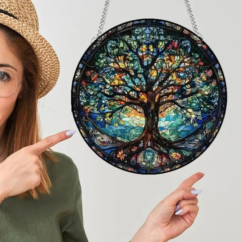 décoration murale vitrail arbre floral lever soleil suspendu chambre fenêtre translucent