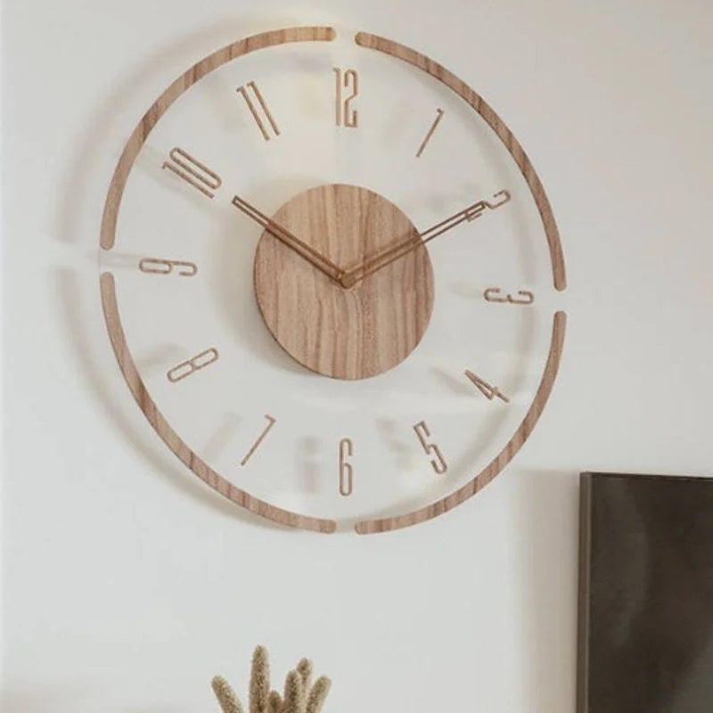 horloge murale moderne aiguille quartz bois clair blanc doré minimaliste 30cm translucent