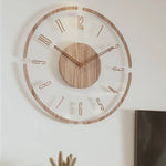 horloge murale moderne aiguille quartz bois clair blanc doré minimaliste 30cm translucent