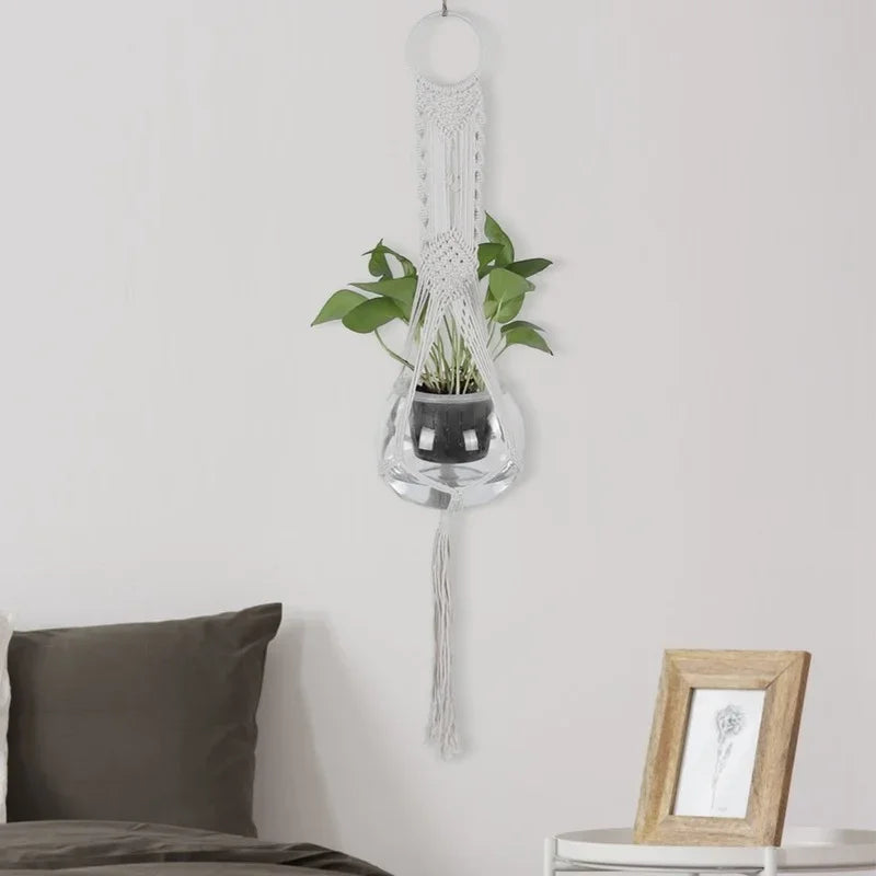 Support plante suspendue macramé blanc artisanal pot transparent