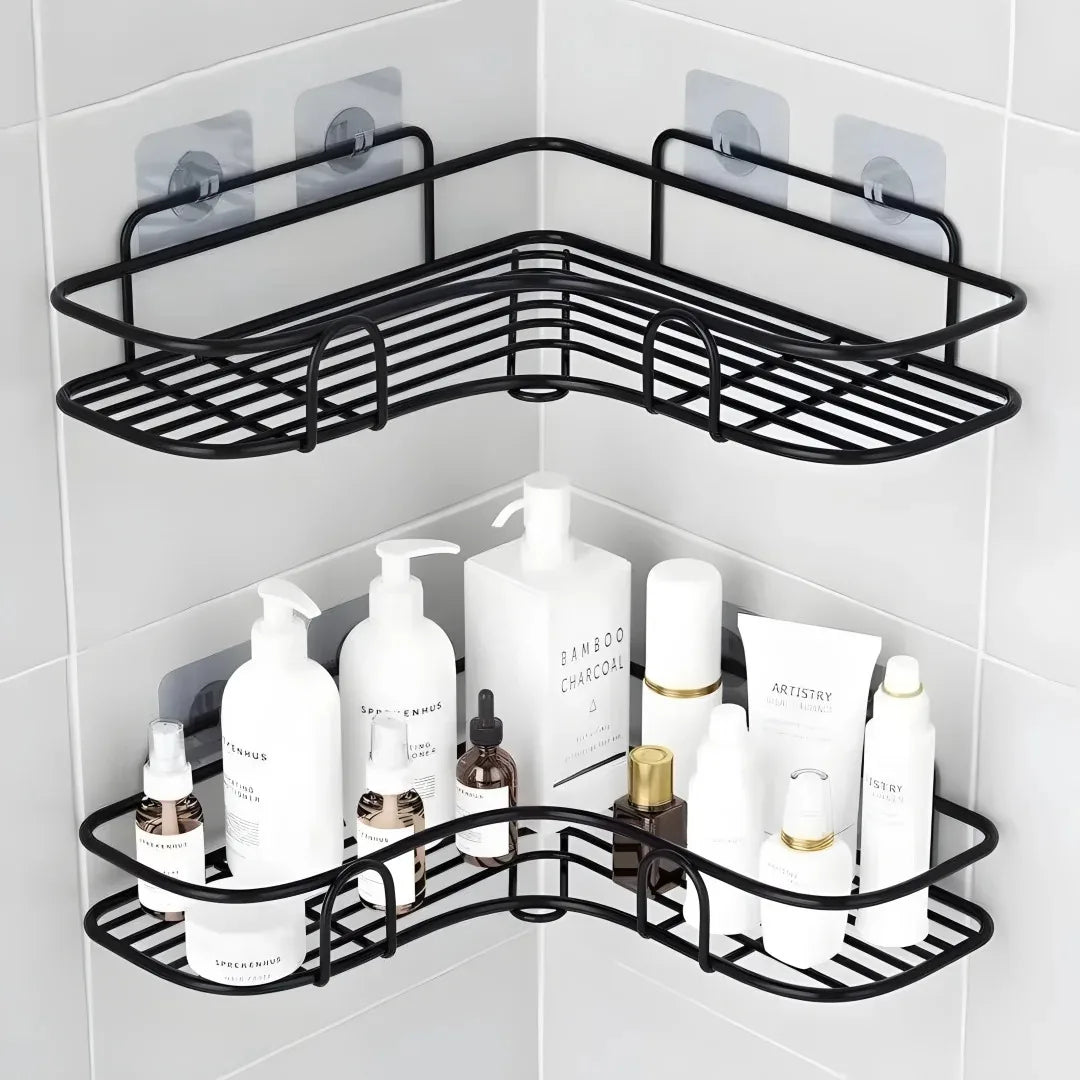 étagère salle bain moderne adhésive métal noir grille produits toilette shampooing lotions