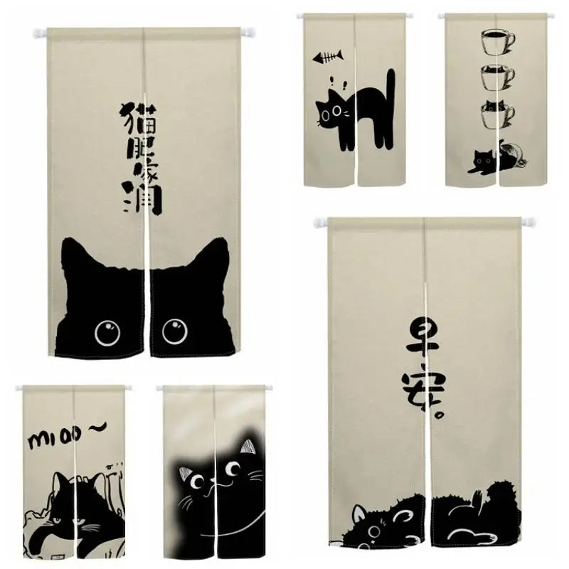 rideau porte chat noir motif japonais beige moderne occultant tissu polyester maison