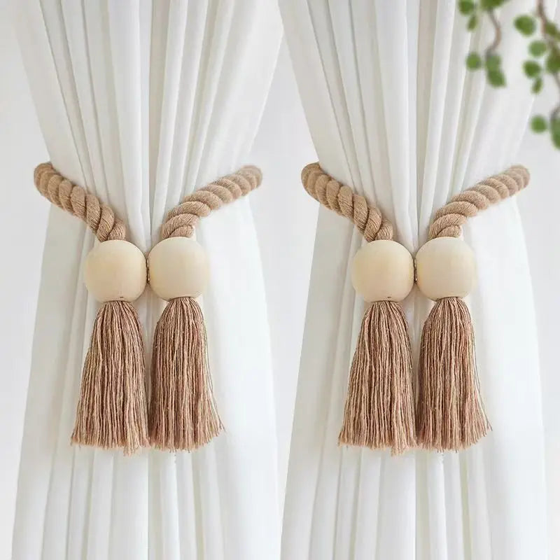 boucles rideau bois franges beige moderne bohème décoratives salle bain chambre