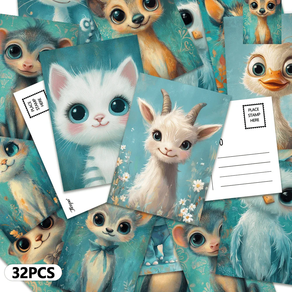cartes postales animaux mignons oiseau chat lapin chien illustration bleu blanc orange gris marron