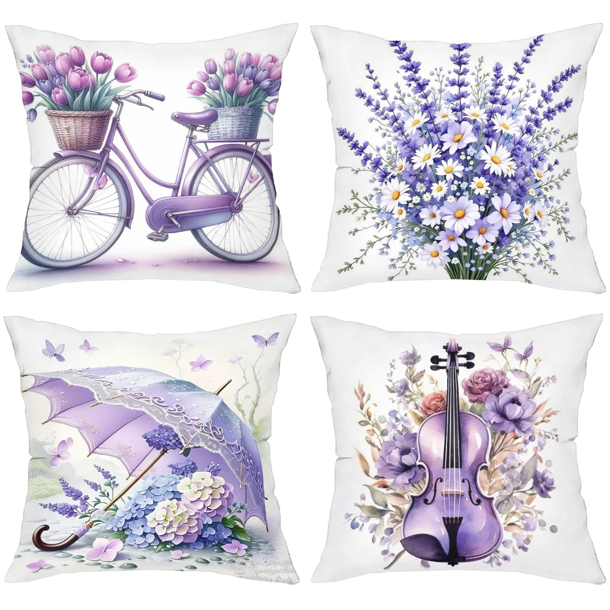 coussin violet fleurs tulipes lavande marguerites 45cm 45cm décoration intérieure sofa chambrehôtel illustration française