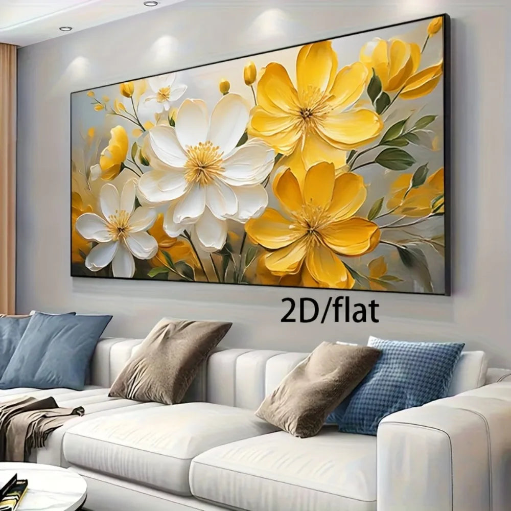 tableau mural moderne fleurs stylisées jaune blanc gris encre imperméable toile sans cadre