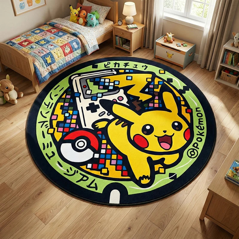 tapis rond pikachu pokeball geometrique veloute enfant chambre salon 100cm 120cm 150cm polyester