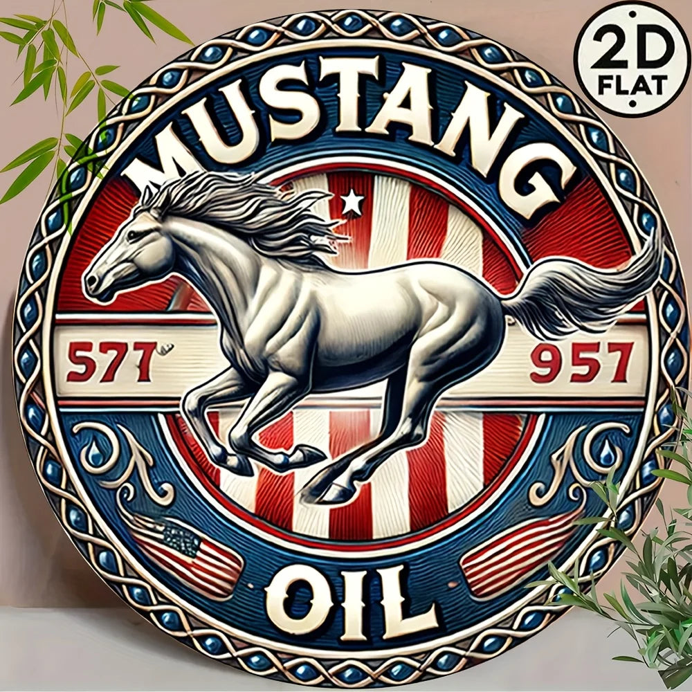 plaque métallique ronde cheval mustang drapeau américain vintage bleu blanc rouge